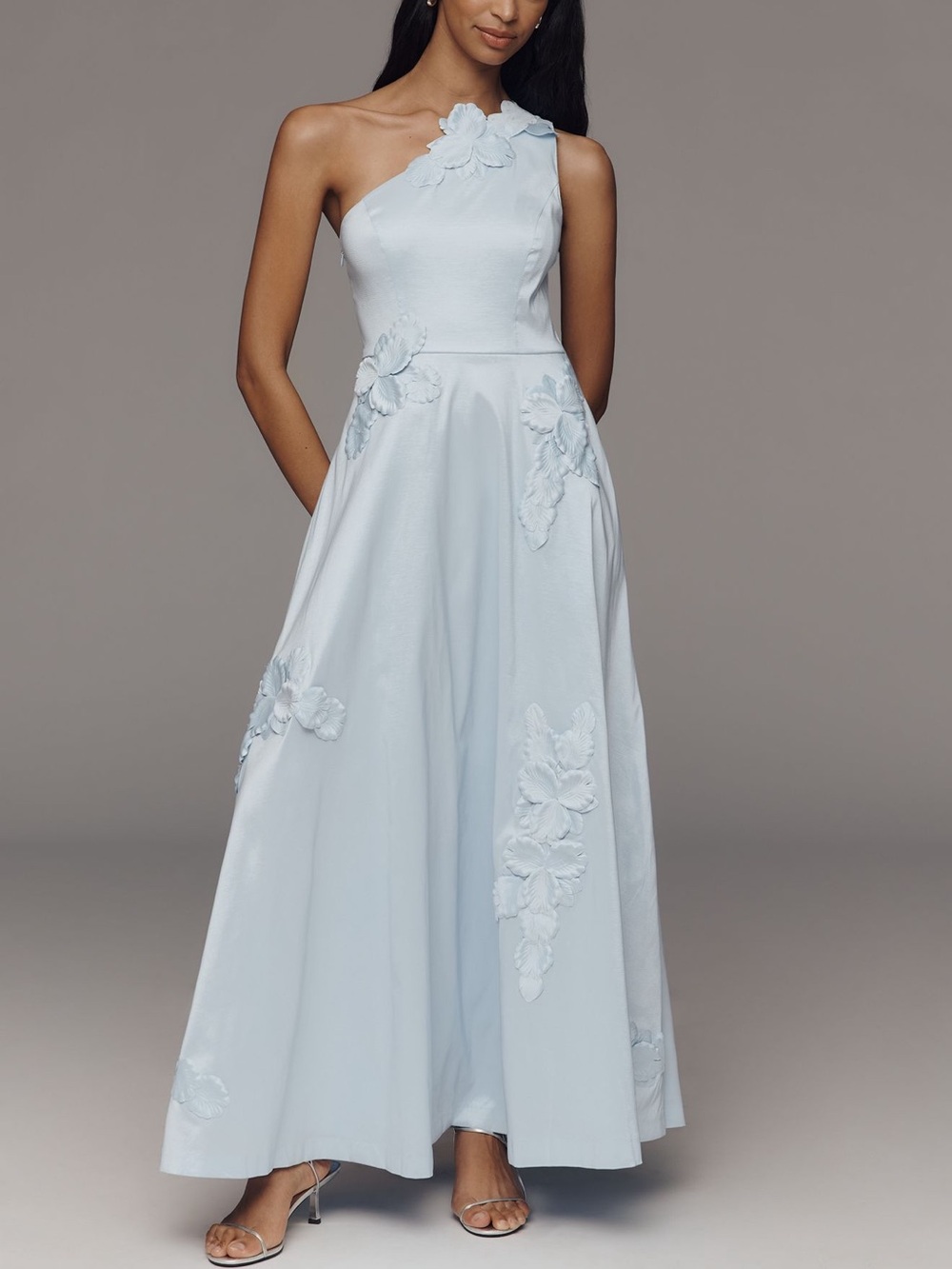 Hutch Adelaide One Shoulder Maxi Dress Light Blue Floral Applique Size 6 NWT
